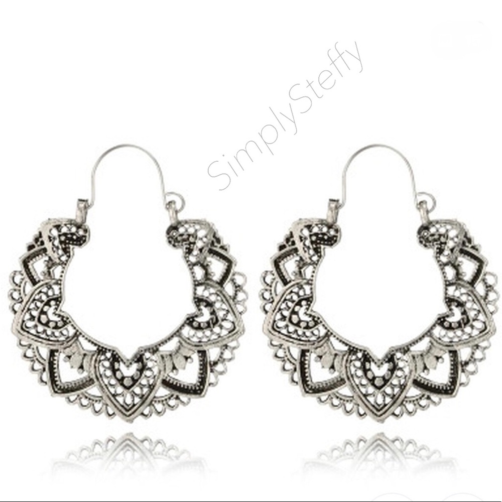 RESTOCKING Silver Lotus Heart Boho Hoop Earrings - Picture 2 of 3
